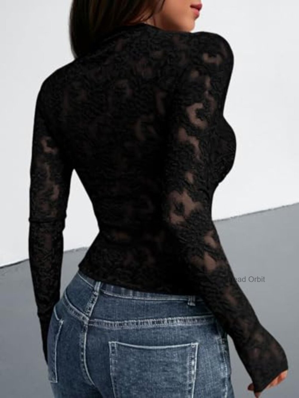 Mesh Long Sleeve Top Sheer Floral Lace Crew Neck Slim Fit - Picture 2 of 6